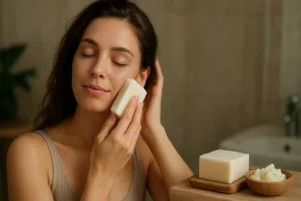 Žena používajúca mydlo s bambuckým maslom na pokožku tváre