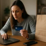 Žena nakupujúca online s kreditnou kartou a notebookom