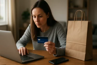 Žena nakupujúca online s kreditnou kartou a notebookom