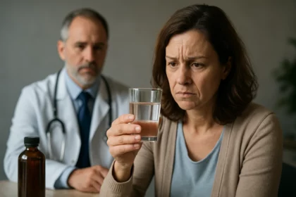 Žena s obavami drží sklenený pohár s kontaminovanou vodou.