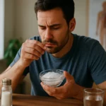 Muž skúma soľ v miske, premýšľa nad jej účinkami na zdravie.