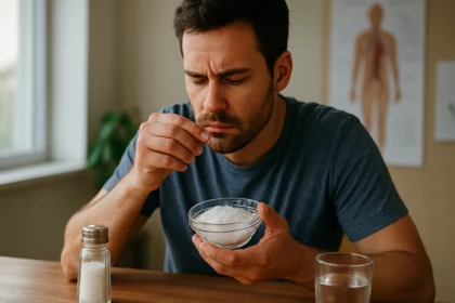 Muž skúma soľ v miske, premýšľa nad jej účinkami na zdravie.