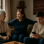 Rodinný okamih: Staršia žena, mladá matka a teenager na gauči.