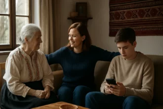 Rodinný okamih: Staršia žena, mladá matka a teenager na gauči.