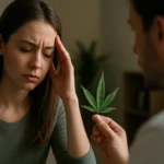 Žena trpiaca bolesťou s marihuanovým listom v rukách lekára.