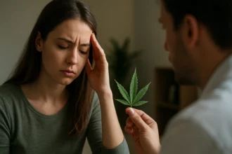 Žena trpiaca bolesťou s marihuanovým listom v rukách lekára.