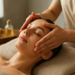 Žena na masáži tváre s relaxačnými účinkami