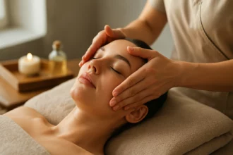 Žena na masáži tváre s relaxačnými účinkami