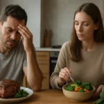 Muži škodlivóst mäsa a žena jedíca rastlinnú stravu v kuchyni