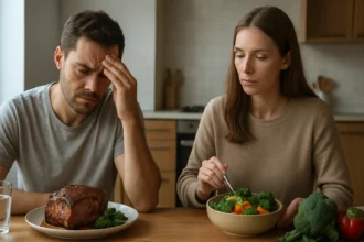 Muži škodlivóst mäsa a žena jedíca rastlinnú stravu v kuchyni