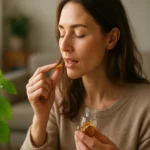 Žena berie kapsulu s medovkou pre lepšie zdravie a pohodu.