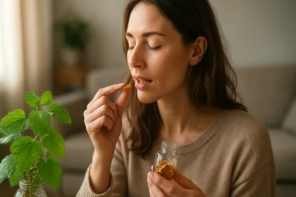 Žena berie kapsulu s medovkou pre lepšie zdravie a pohodu.