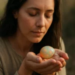 Žena meditujúca s etiópskym opálom symbolizujúcim harmóniu