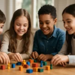 Deti hrajú na stole spoločenské hry, rozvíjajúci sociálne zručnosti.