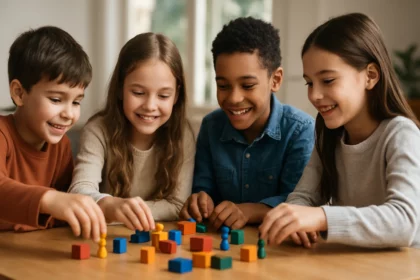 Deti hrajú na stole spoločenské hry, rozvíjajúci sociálne zručnosti.