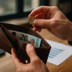 Ruka drží mincu a peňaženku s bankovkami vo vnútri