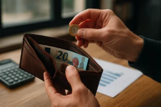 Ruka drží mincu a peňaženku s bankovkami vo vnútri