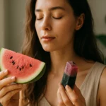 Žena drží plátok vodného melóna a kameň turmalínu s pokojnou tvárou.