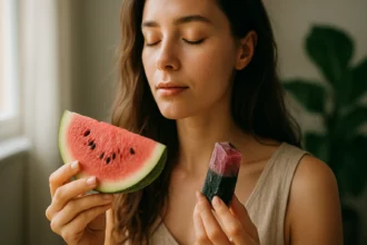 Žena drží plátok vodného melóna a kameň turmalínu s pokojnou tvárou.