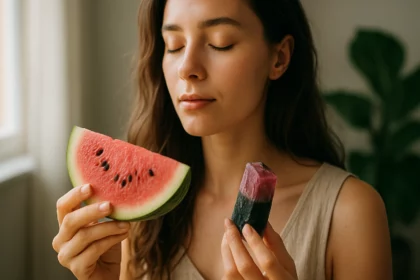 Žena drží plátok vodného melóna a kameň turmalínu s pokojnou tvárou.
