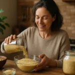 Žena s prosem v kuchyni, pripravujúca zdravé jedlo.