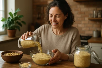 Žena s prosem v kuchyni, pripravujúca zdravé jedlo.