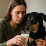 Žena sa zameriava na psa a mlieko v pohári.