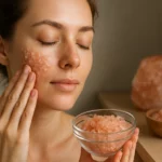 Žena používa himalájsku soľ na exfoliaciu pleti pokožky.