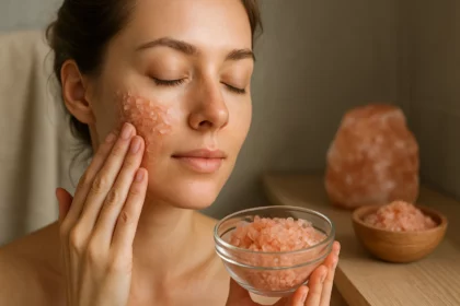 Žena používa himalájsku soľ na exfoliaciu pleti pokožky.