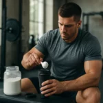 Muž mieša kreatín v posilňovni, zvýšenie energie a regenerácia.