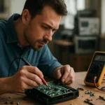 Muž opravujúci elektronický obvod s multimetrom v laboratóriu.