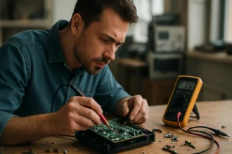 Muž opravujúci elektronický obvod s multimetrom v laboratóriu.