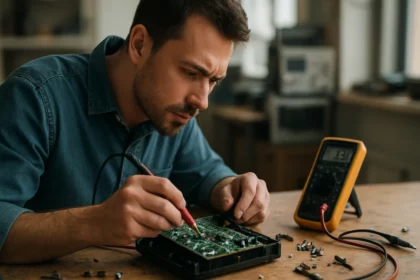 Muž opravujúci elektronický obvod s multimetrom v laboratóriu.