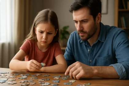 Dieťa a rodič luštia puzzle, čo podporuje rozvoj myslenia