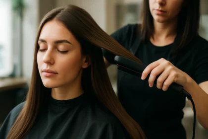 Žena sa podrobuje keratínovému ošetreniu vlasov v kaderníctve.