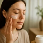 Žena nanáša krém s ectoinom na tvár pre ochranu a hydratáciu pokožky.