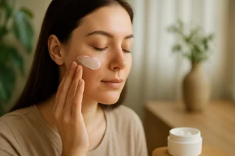 Žena nanáša krém s ectoinom na tvár pre ochranu a hydratáciu pokožky.