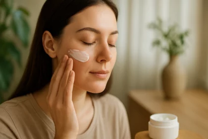 Žena nanáša krém s ectoinom na tvár pre ochranu a hydratáciu pokožky.