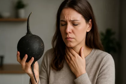 Žena drži čiernu reďkovku s obavami o svoje zdravie.