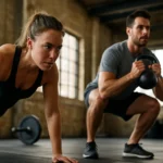 Dvojica cvičiacich na kruhovom tréningu zlepšuje fyzickú kondíciu.