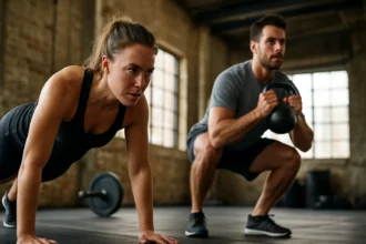 Dvojica cvičiacich na kruhovom tréningu zlepšuje fyzickú kondíciu.