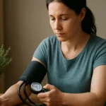 Žena merajúca krvný tlak s tymiánom na stole