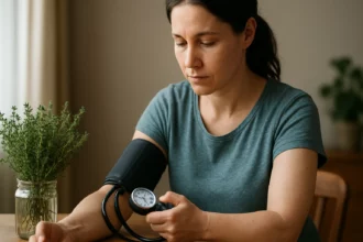 Žena merajúca krvný tlak s tymiánom na stole