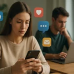 Žena s mobilným telefónom a symbolmi sociálnych médií v pozadí.