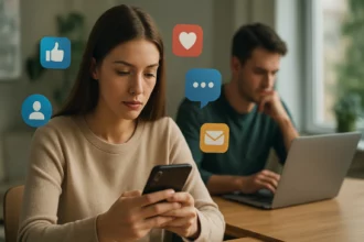 Žena s mobilným telefónom a symbolmi sociálnych médií v pozadí.