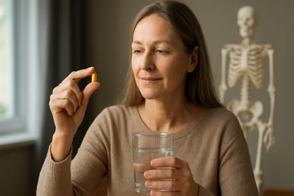 Žena s vitamínom K2 a pohárom vody na podporu zdravia kostí a srdca