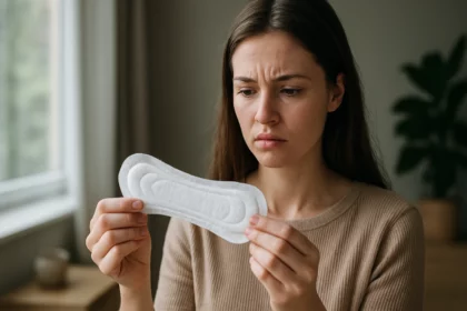 Žena s nepríjemným výrazom drží hygienickú vložku v ruke.