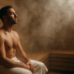 Muž relaxuje v parnej saune, obklopený hustou parou.