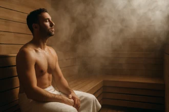 Muž relaxuje v parnej saune, obklopený hustou parou.