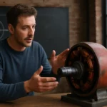 Muž vysvetľuje fungovanie generátora s mechanickými komponentmi.